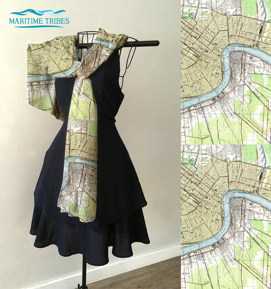 New Orleans River Map, Vintage Topo, color Scarf
