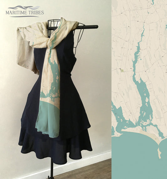 Westport River, MA Sea Glass Map (with Labels) Scarf